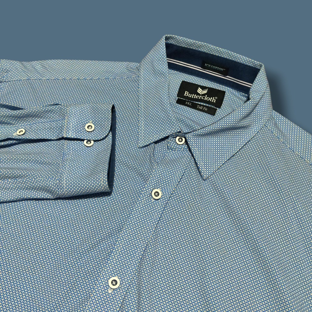 Buttercloth Long‎ Sleeve Button Up Mens 3XL Tall Blue Geometric Regular Fit Icy